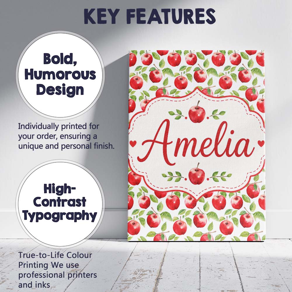 Personalised Name Watercolor Red Apples Custom Modern Room Accent Elegant Feature Canvas Wall Art Print Decor Picture Ready to Hang