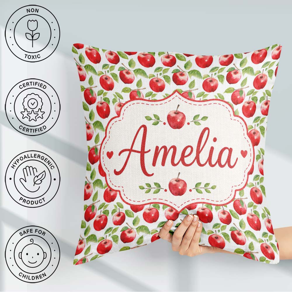 Custom Name Red Apples with Green Leaves Seamless Pattern Lovely Square Filled Cushion Throw Pillow Sofa Bed Home Decor Zip Washable UK Made