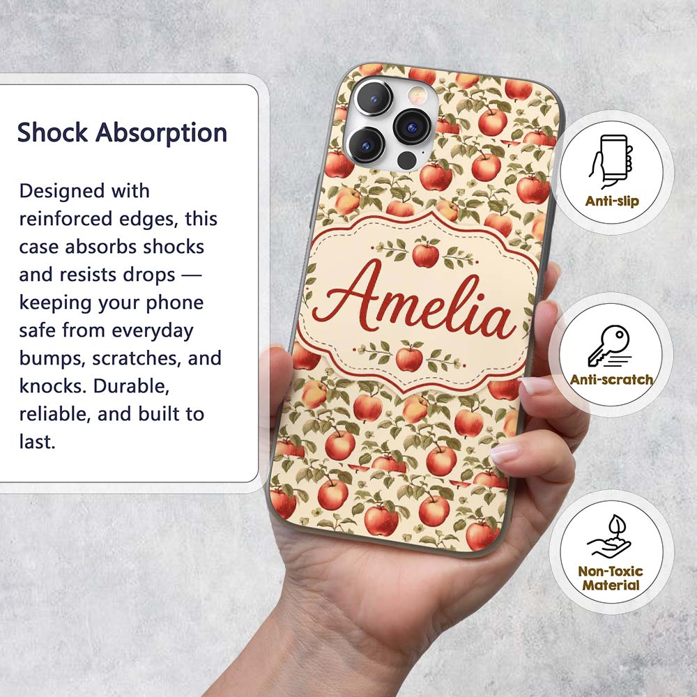 Vintage Red Apples with Detailed Leaves Botanical Custom Name Protective Phone Case Mobile Cover Durable Everyday Smartphone Shock Resistant