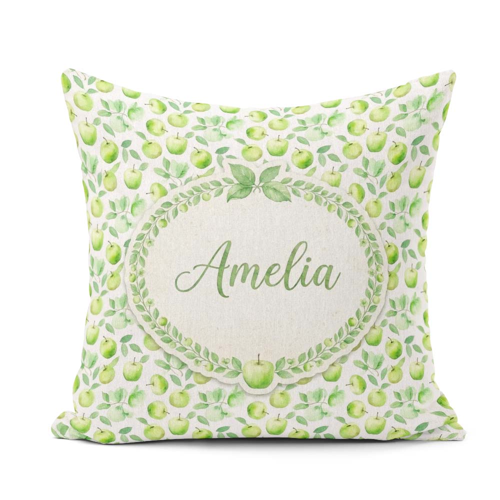 Custom Name Soft Watercolor Green Apples Leaves Seamless Pattern Square Filled Cushion Throw Pillow Sofa Bed Home Decor Zip Washable UK Made
