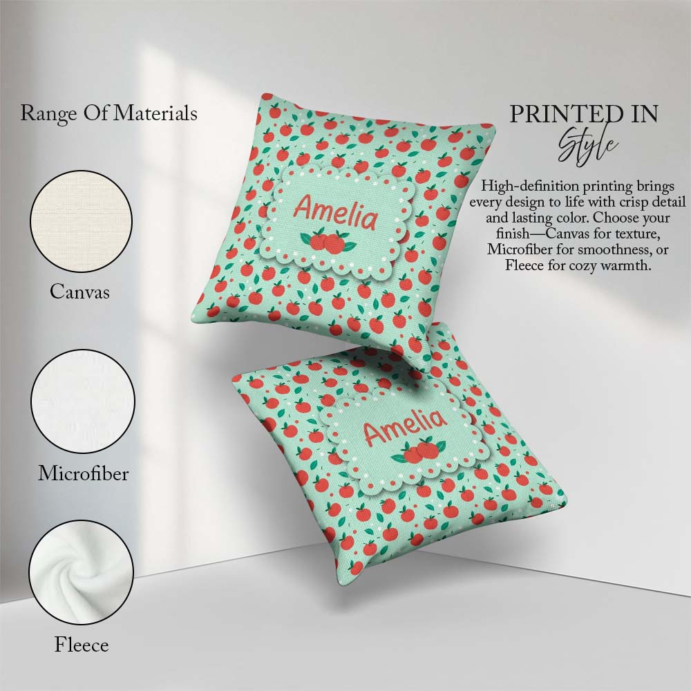 Custom Name Modern Red Apples with Leaves on Background Seamless Square Filled Cushion Throw Pillow Sofa Bed Home Decor Zip Washable UK Made