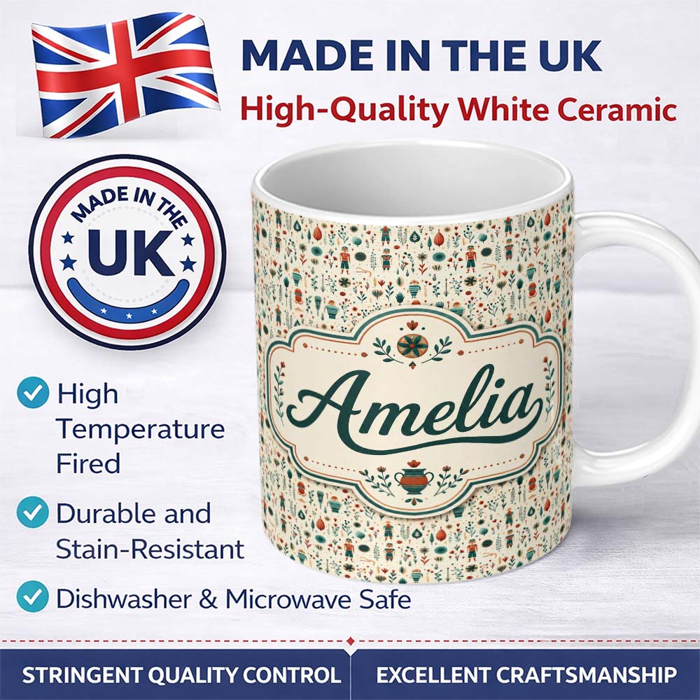 Personalized Custom Name Scandinavian Folk Art Floral and Character Seamless Pattern Nordic 11oz Ceramic Coffee Tea Mug White Large Handle