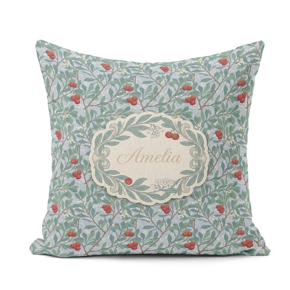 Custom Name Botanical Branches with Red Berries Seamless Pattern Square Filled Cushion Throw Pillow Sofa Bed Home Decor Zip Washable UK Made