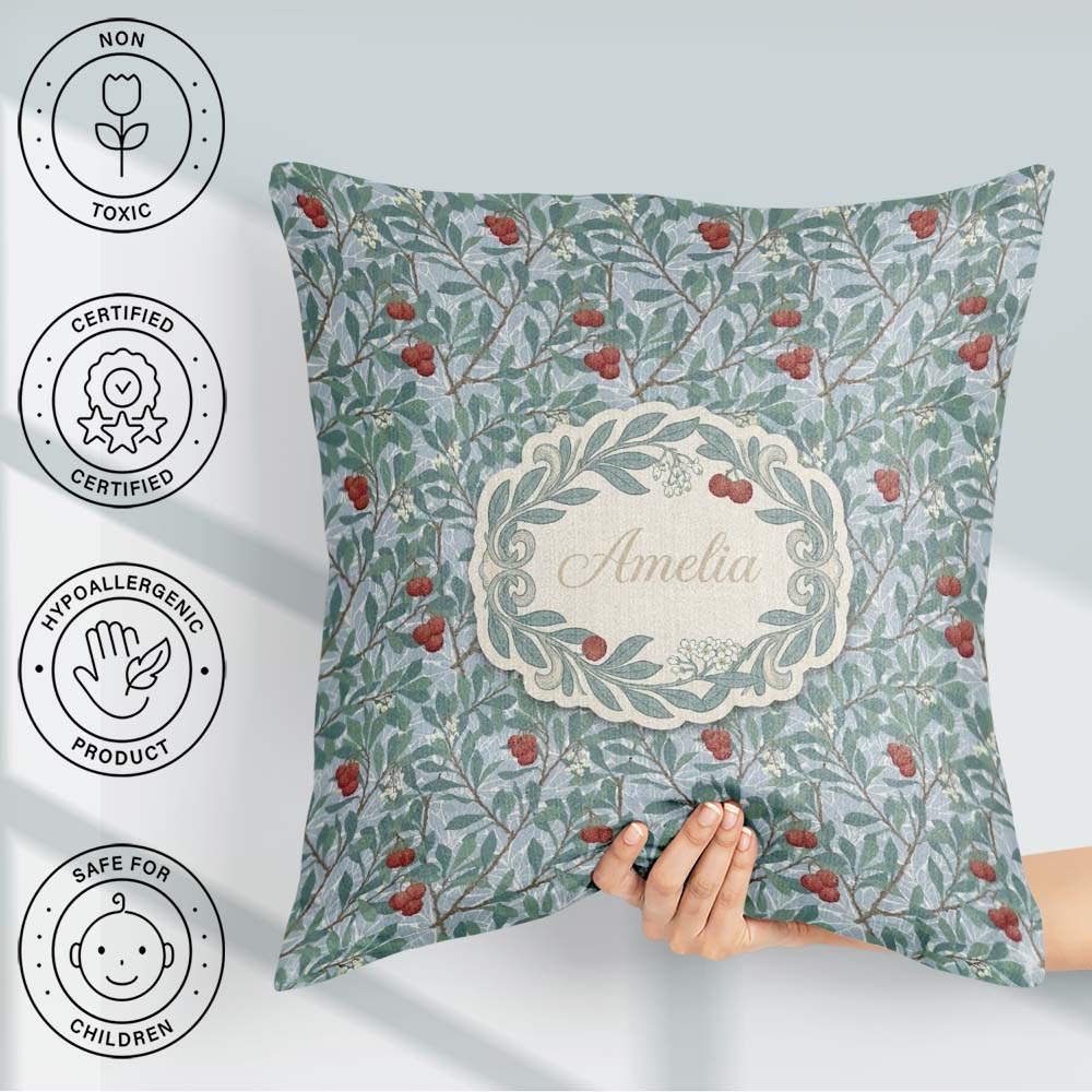 Custom Name Botanical Branches with Red Berries Seamless Pattern Square Filled Cushion Throw Pillow Sofa Bed Home Decor Zip Washable UK Made