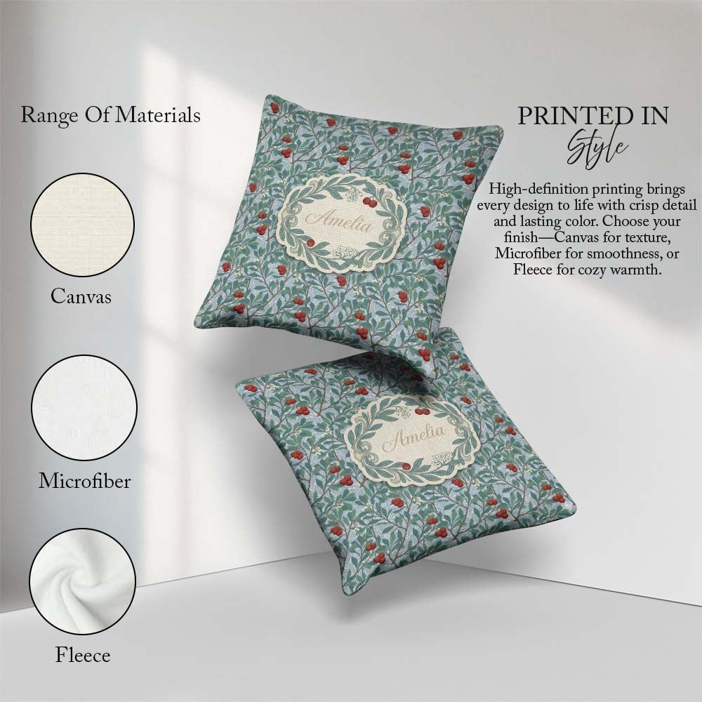 Custom Name Botanical Branches with Red Berries Seamless Pattern Square Filled Cushion Throw Pillow Sofa Bed Home Decor Zip Washable UK Made