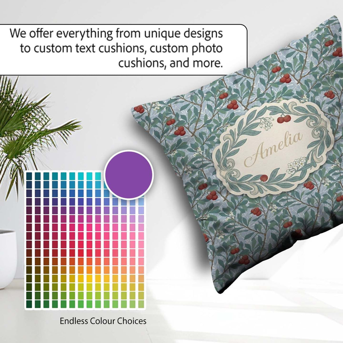 Custom Name Botanical Branches with Red Berries Seamless Pattern Square Filled Cushion Throw Pillow Sofa Bed Home Decor Zip Washable UK Made