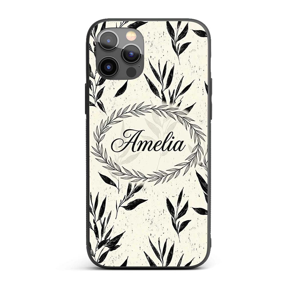 Minimal Botanical Leaves Black Cream Organic Custom Name Protective Phone Case Mobile Cover Durable Everyday Smartphone Shock Resistant