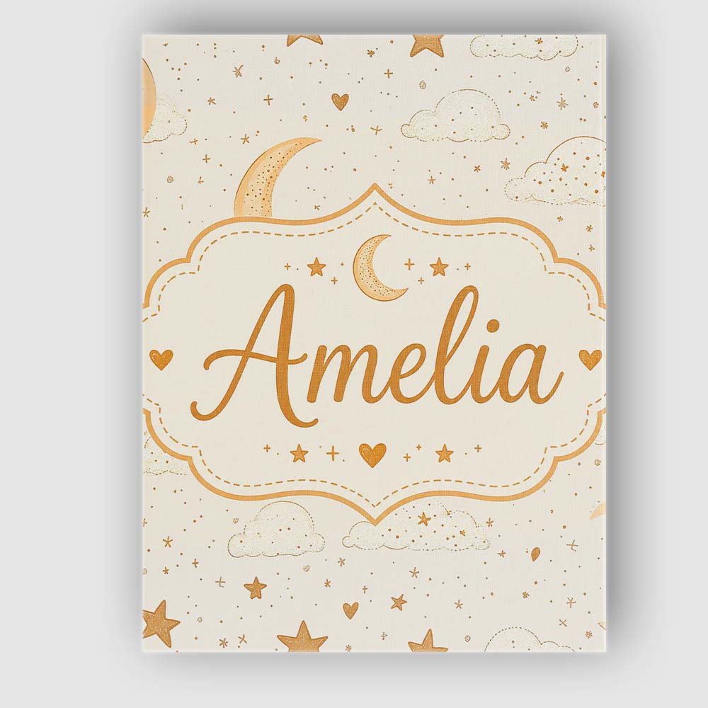 Personalised Name Cute Crescent Moon Stars Custom Unique Gift Idea Elegant Feature Canvas Wall Art Print Decor Picture Ready to Hang