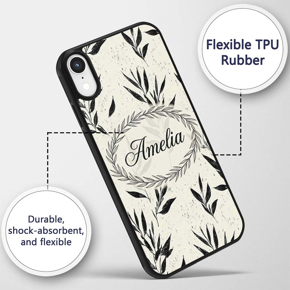 Minimal Botanical Leaves Black Cream Organic Custom Name Protective Phone Case Mobile Cover Durable Everyday Smartphone Shock Resistant