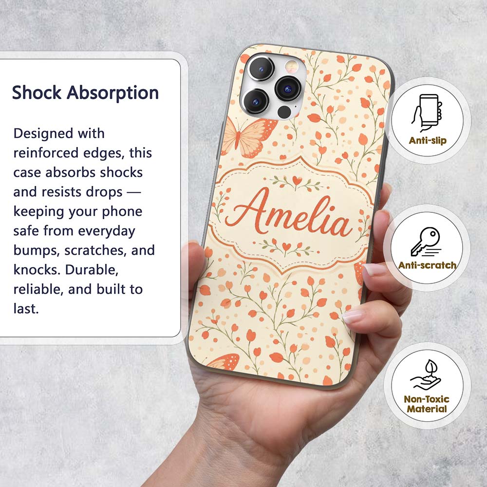 Soft Butterfly with Floral Hearts Printed Design Custom Name Protective Phone Case Mobile Cover Durable Everyday Smartphone Shock Resistant