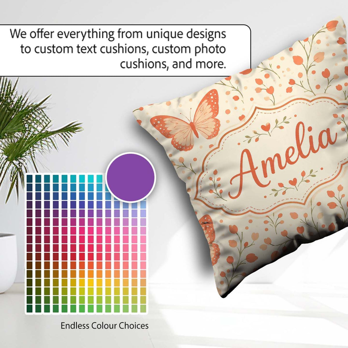 Custom Name Soft Butterfly with Floral Neutral Seamless Pattern Square Filled Cushion Throw Pillow Sofa Bed Home Decor Zip Washable UK Made