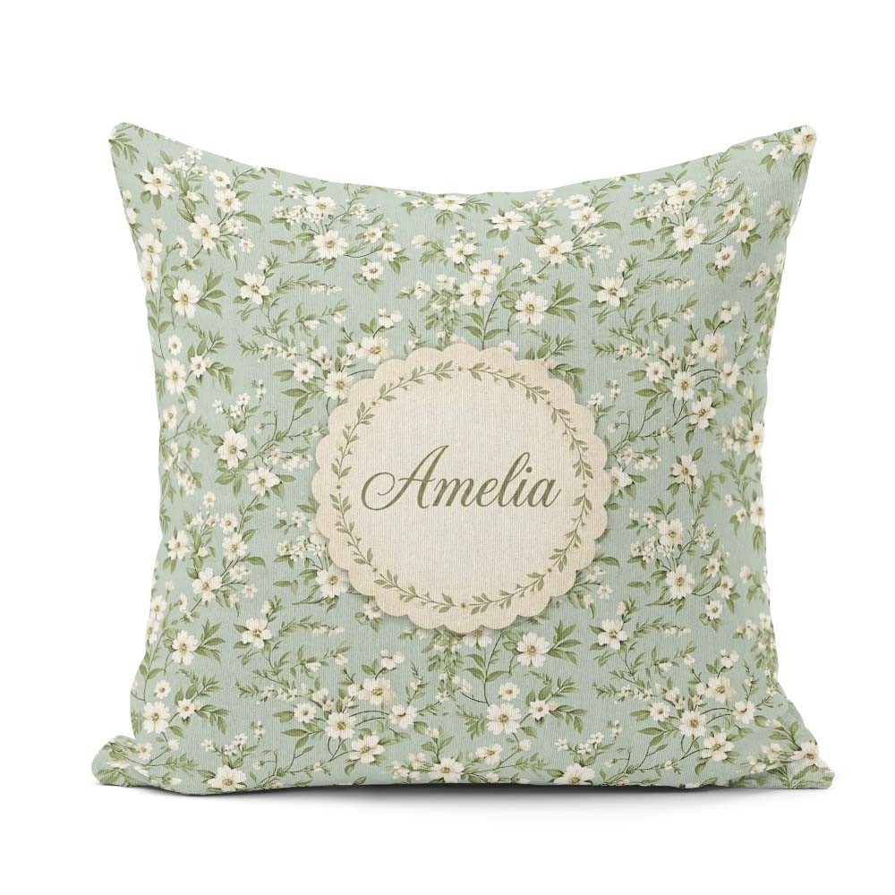 Custom Name Elegant White Branches on Soft Blue Seamless Pattern Square Filled Cushion Throw Pillow Sofa Bed Home Decor Zip Washable UK Made