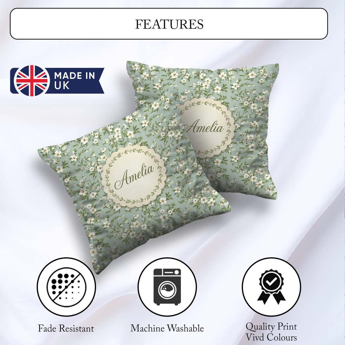 Custom Name Elegant White Branches on Soft Blue Seamless Pattern Square Filled Cushion Throw Pillow Sofa Bed Home Decor Zip Washable UK Made