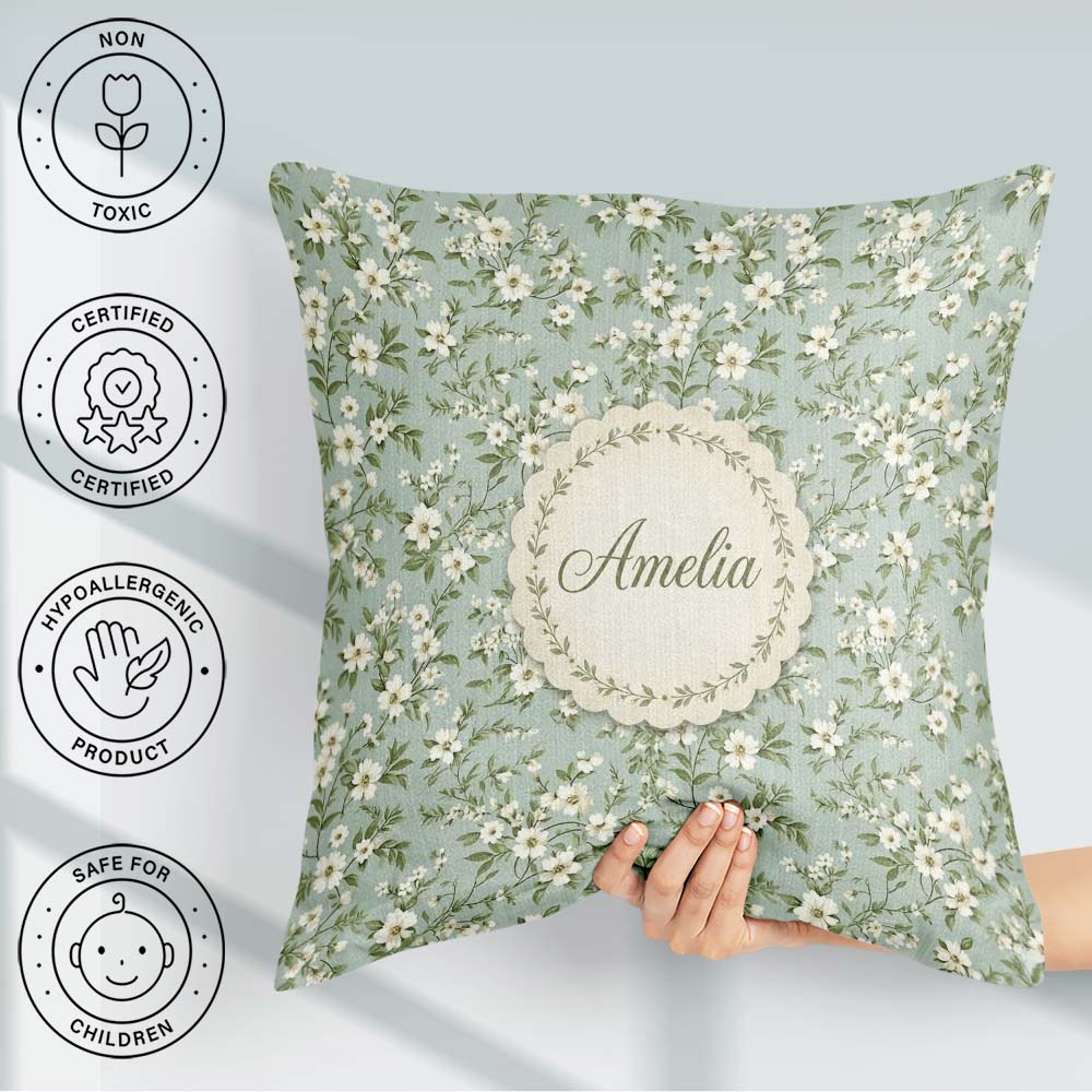 Custom Name Elegant White Branches on Soft Blue Seamless Pattern Square Filled Cushion Throw Pillow Sofa Bed Home Decor Zip Washable UK Made