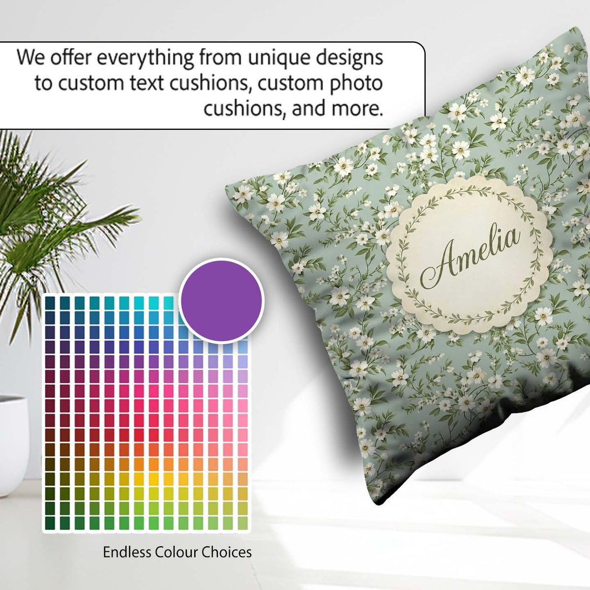 Custom Name Elegant White Branches on Soft Blue Seamless Pattern Square Filled Cushion Throw Pillow Sofa Bed Home Decor Zip Washable UK Made