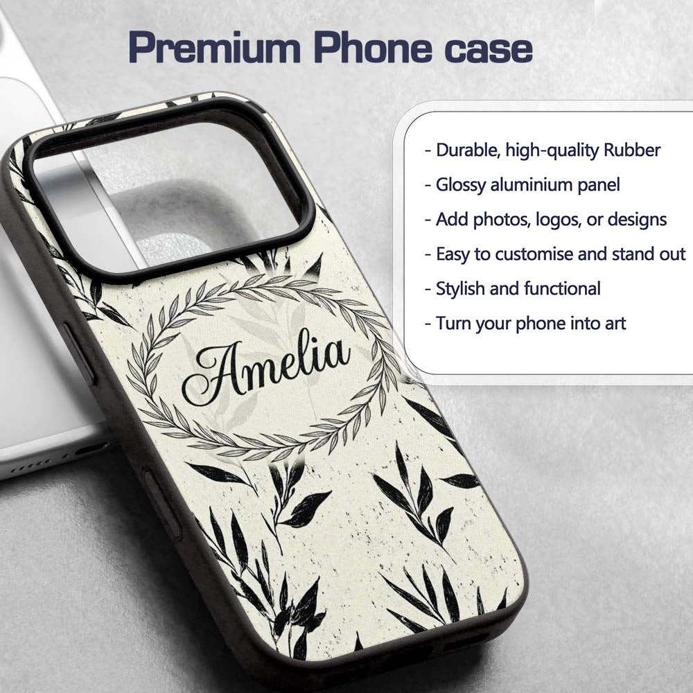 Minimal Botanical Leaves Black Cream Organic Custom Name Protective Phone Case Mobile Cover Durable Everyday Smartphone Shock Resistant