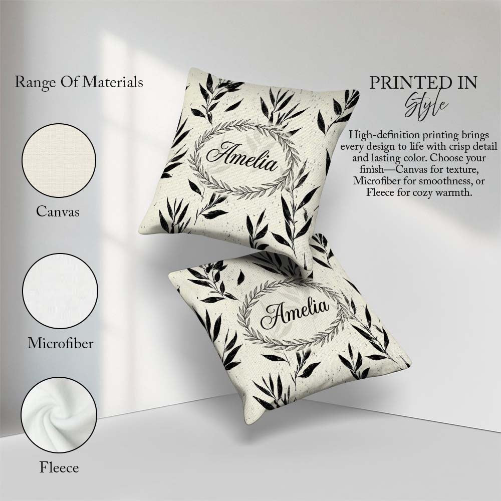 Custom Name Minimal Botanical Leaves Black Cream Organic Pattern Square Filled Cushion Throw Pillow Sofa Bed Home Decor Zip Washable UK Made