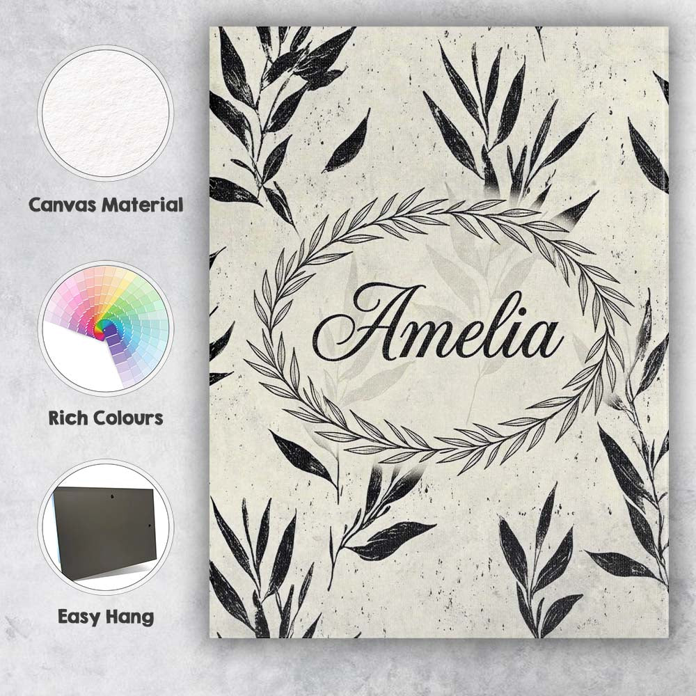 Personalised Name Minimal Botanical Leaves Black Cream Organic Custom Modern Room Accent Canvas Wall Art Print Decor Picture Ready to Hang