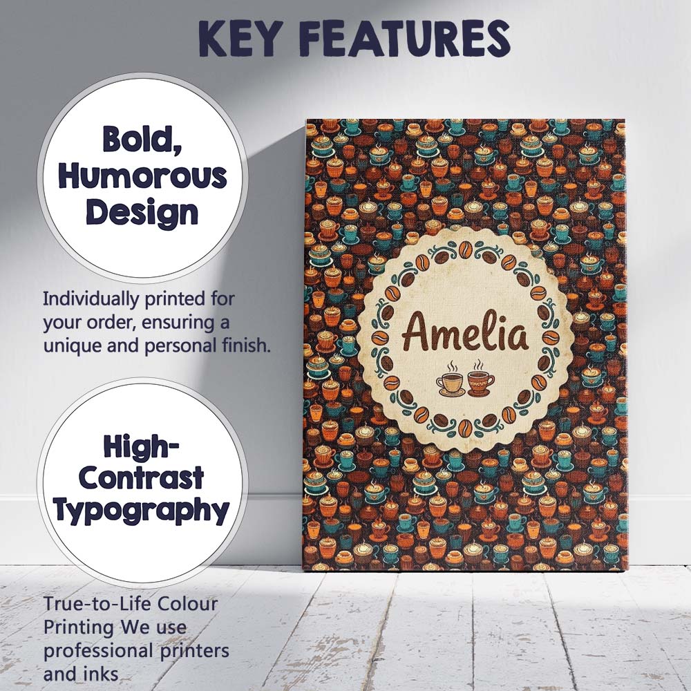 Personalised Name Colorful Coffee Cups and Custom Unique Gift Idea Elegant Feature Canvas Wall Art Print Decor Picture Ready to Hang