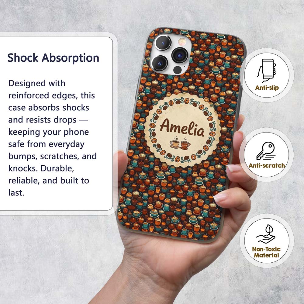 Colorful Coffee Cups and s Pattern Printed Design Custom Name Protective Phone Case Mobile Cover Durable Everyday Smartphone Shock Resistant