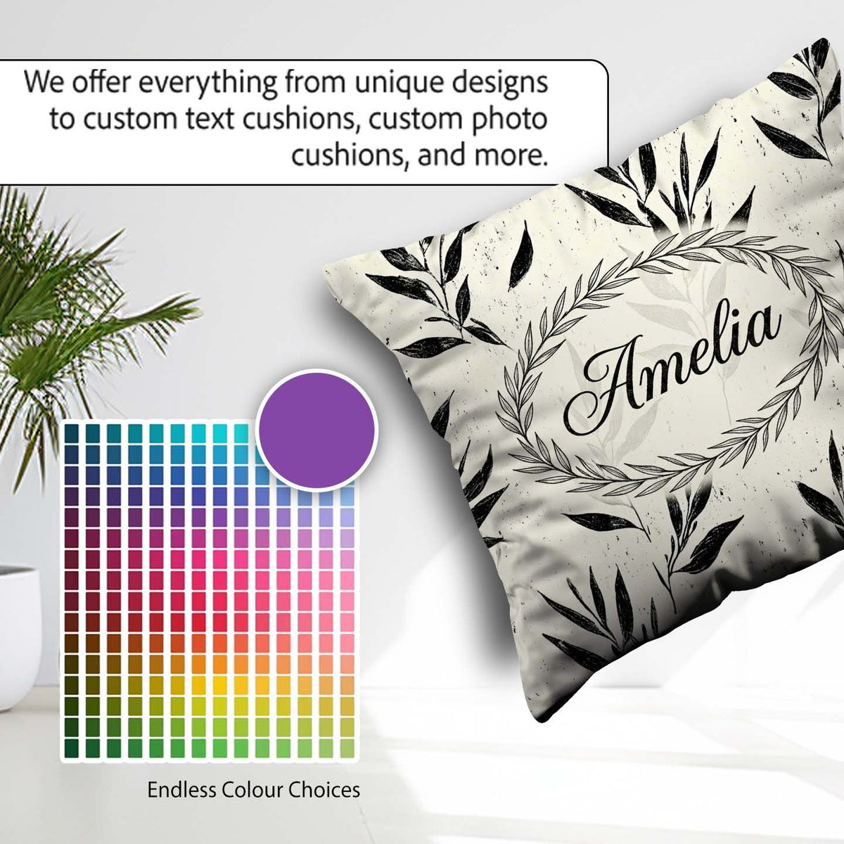 Custom Name Minimal Botanical Leaves Black Cream Organic Pattern Square Filled Cushion Throw Pillow Sofa Bed Home Decor Zip Washable UK Made