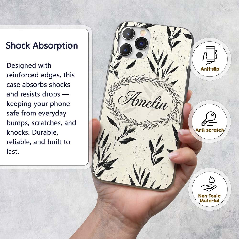 Minimal Botanical Leaves Black Cream Organic Custom Name Protective Phone Case Mobile Cover Durable Everyday Smartphone Shock Resistant