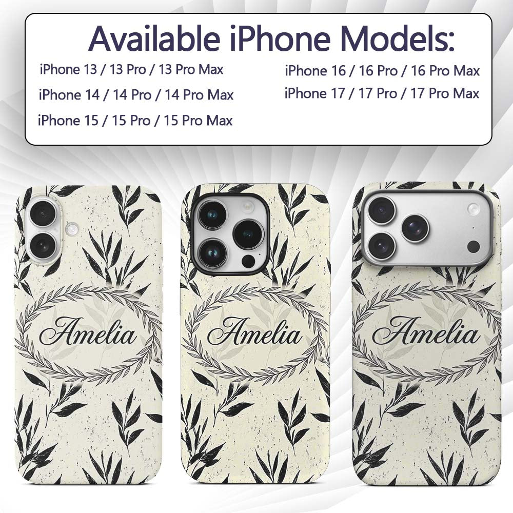 Minimal Botanical Leaves Black Cream Organic Custom Name Protective Phone Case Mobile Cover Durable Everyday Smartphone Shock Resistant