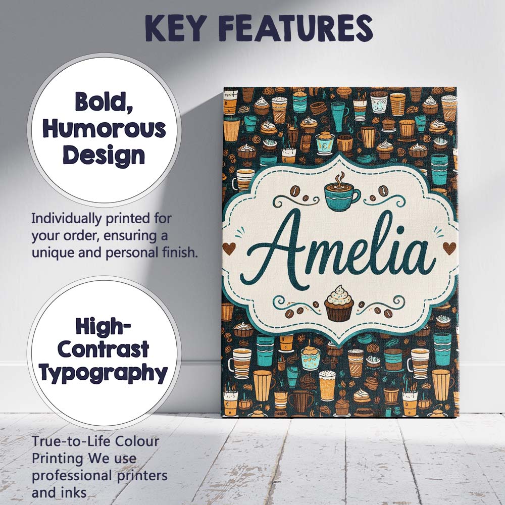 Personalised Name Coffee Shop Drinks Custom Premium Decorative Design Modern Room Accent Canvas Wall Art Print Decor Picture Ready to Hang