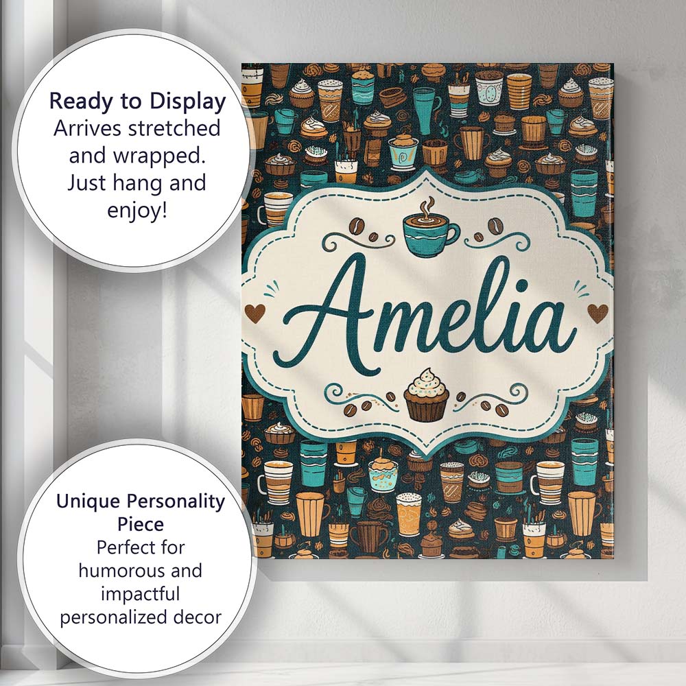 Personalised Name Coffee Shop Drinks Custom Premium Decorative Design Modern Room Accent Canvas Wall Art Print Decor Picture Ready to Hang