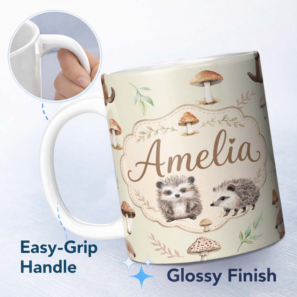 Personalized Custom Name Woodland Hedgehogs with Mushrooms Leaves Soft Beige Seamless 11oz Ceramic Coffee Tea Mug White Large Handle