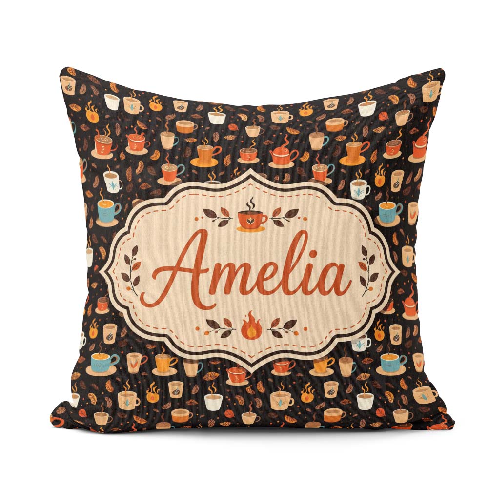 Custom Name Cups with Leaves and Steam Cozy Seamless Pattern Square Filled Cushion Throw Pillow Sofa Bed Home Decor Zip Washable UK Made