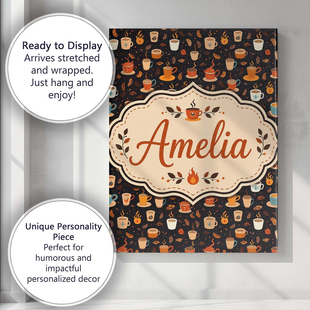 Personalised Name Cute Coffee Cups with Custom Modern Room Accent Elegant Feature Canvas Wall Art Print Decor Picture Ready to Hang