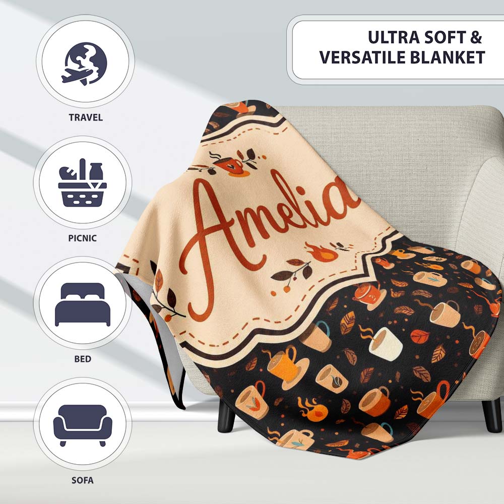 Cute Coffee Cups with Leaves and Steam Cozy Seamless Pattern Lovely Personalised Custom Name Super Soft Fleece Blanket Bed Sofa Throw