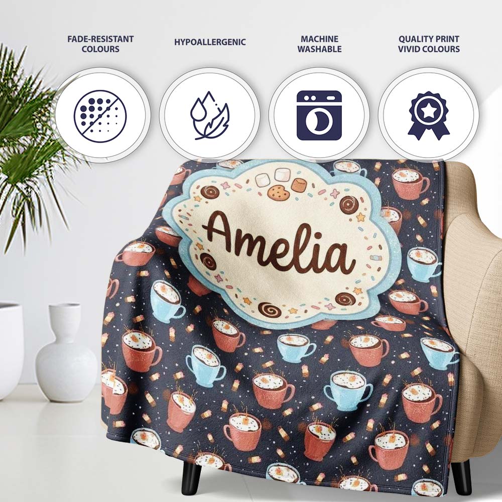 Hot Chocolate s with Marshmallows and Sprinkles Seamless Pattern Personalised Custom Name Super Soft Fleece Blanket Bed Sofa Throw