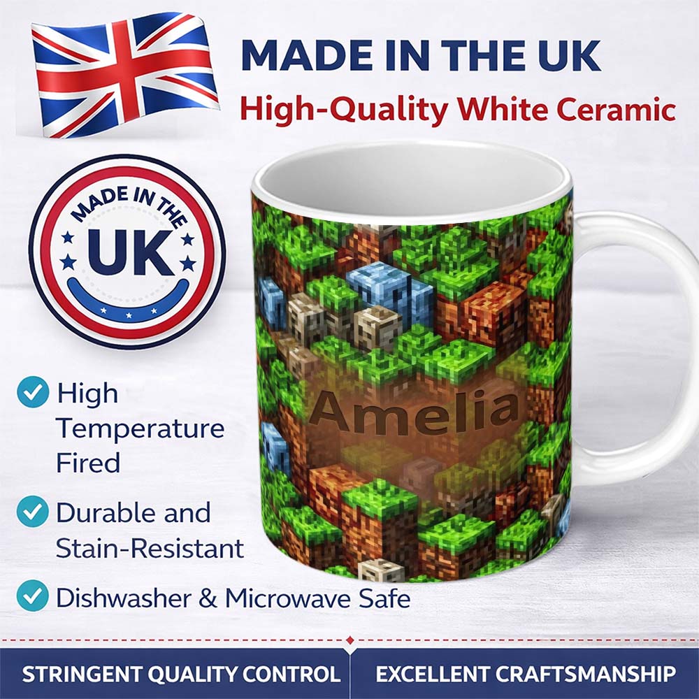 Personalized Custom Name Minecraft Style Grass Dirt Blocks Landscape Seamless Pattern Lovely 11oz Ceramic Coffee Tea Mug White Large Handle