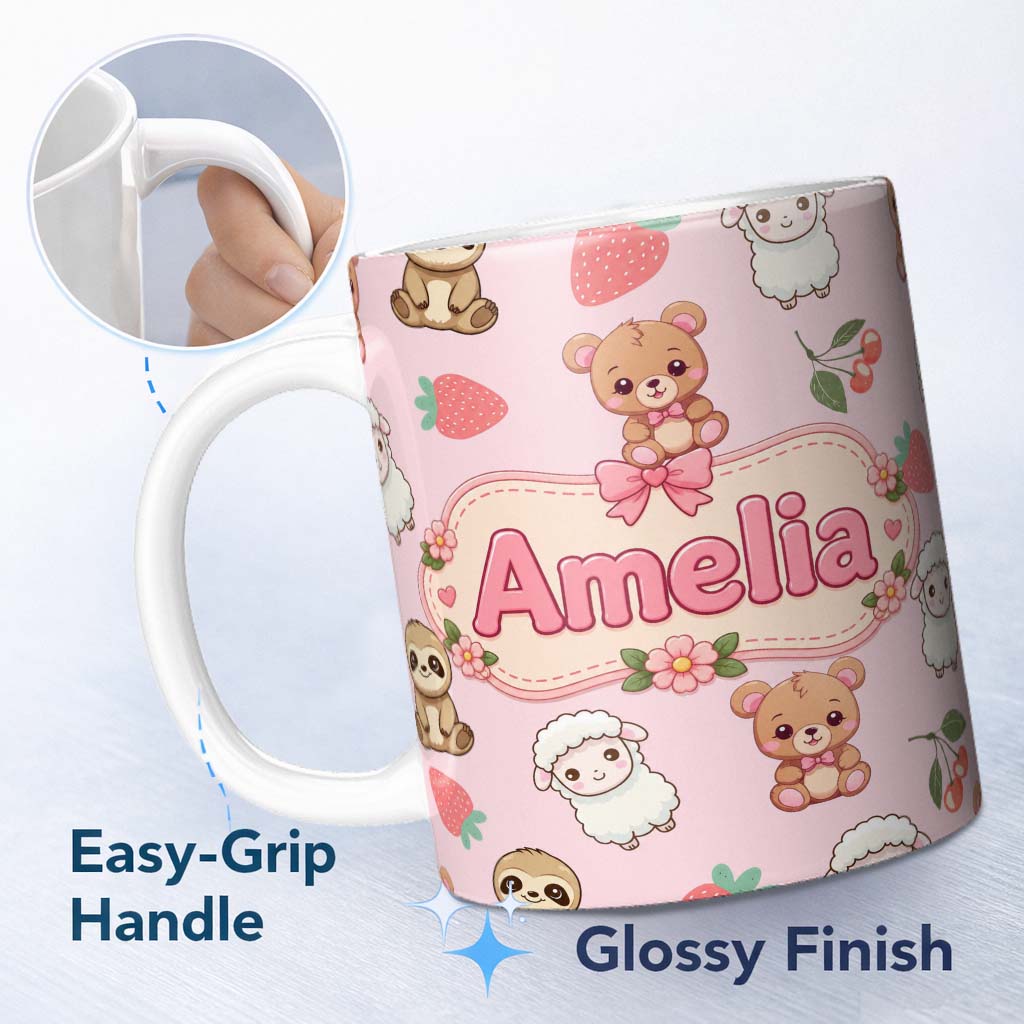 Personalized Custom Name Cute Bear Sloth Lamb Cherry Strawberry Seamless Pattern on Light 11oz Ceramic Coffee Tea Mug White Large Handle