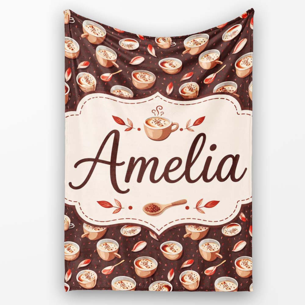 Warm Coffee Cups with Cinnamon and Leaves Seamless Pattern Lovely Personalised Custom Name Super Soft Fleece Blanket Bed Sofa Throw