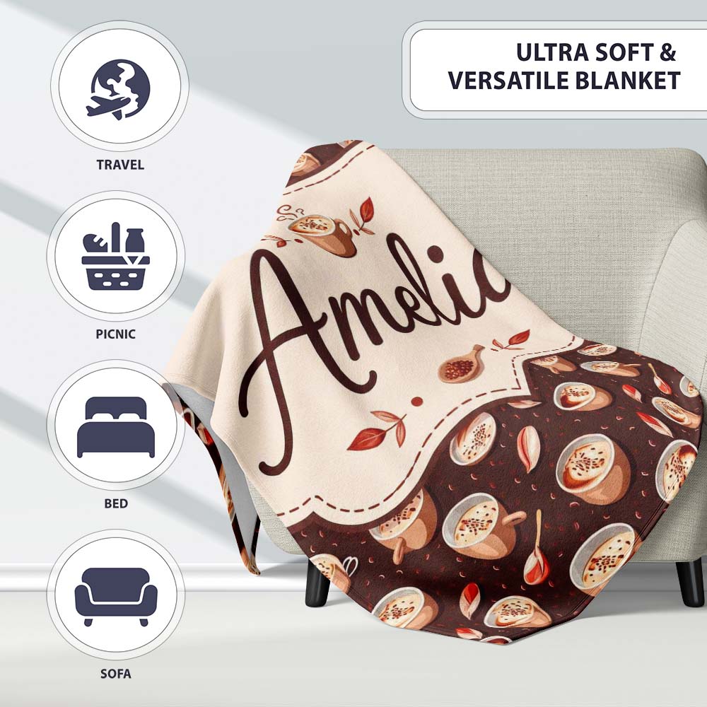Warm Coffee Cups with Cinnamon and Leaves Seamless Pattern Lovely Personalised Custom Name Super Soft Fleece Blanket Bed Sofa Throw