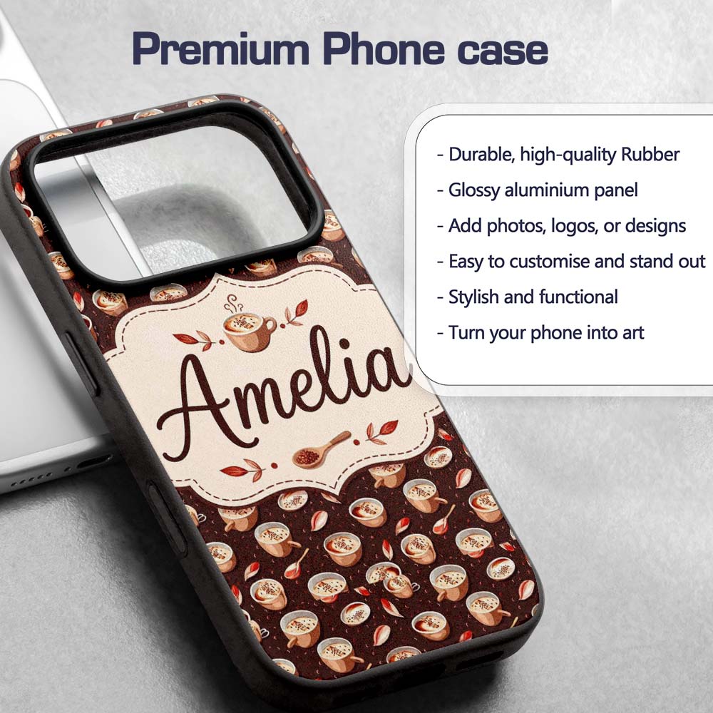 Warm Coffee Cups with Cinnamon and Printed Design Custom Name Protective Phone Case Mobile Cover Durable Everyday Smartphone Shock Resistant