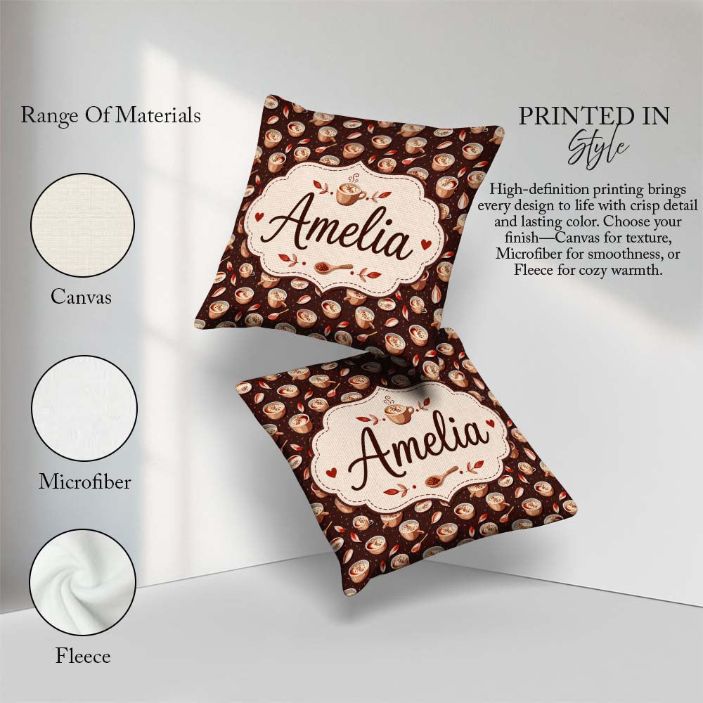 Custom Name Warm Cups with Cinnamon and Leaves Seamless Pattern Square Filled Cushion Throw Pillow Sofa Bed Home Decor Zip Washable UK Made