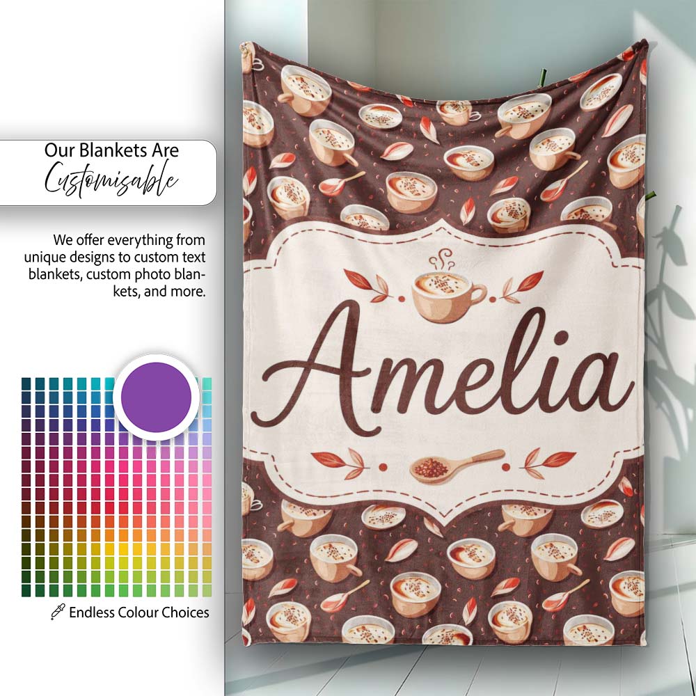 Warm Coffee Cups with Cinnamon and Leaves Seamless Pattern Lovely Personalised Custom Name Super Soft Fleece Blanket Bed Sofa Throw