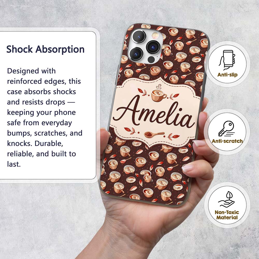 Warm Coffee Cups with Cinnamon and Printed Design Custom Name Protective Phone Case Mobile Cover Durable Everyday Smartphone Shock Resistant