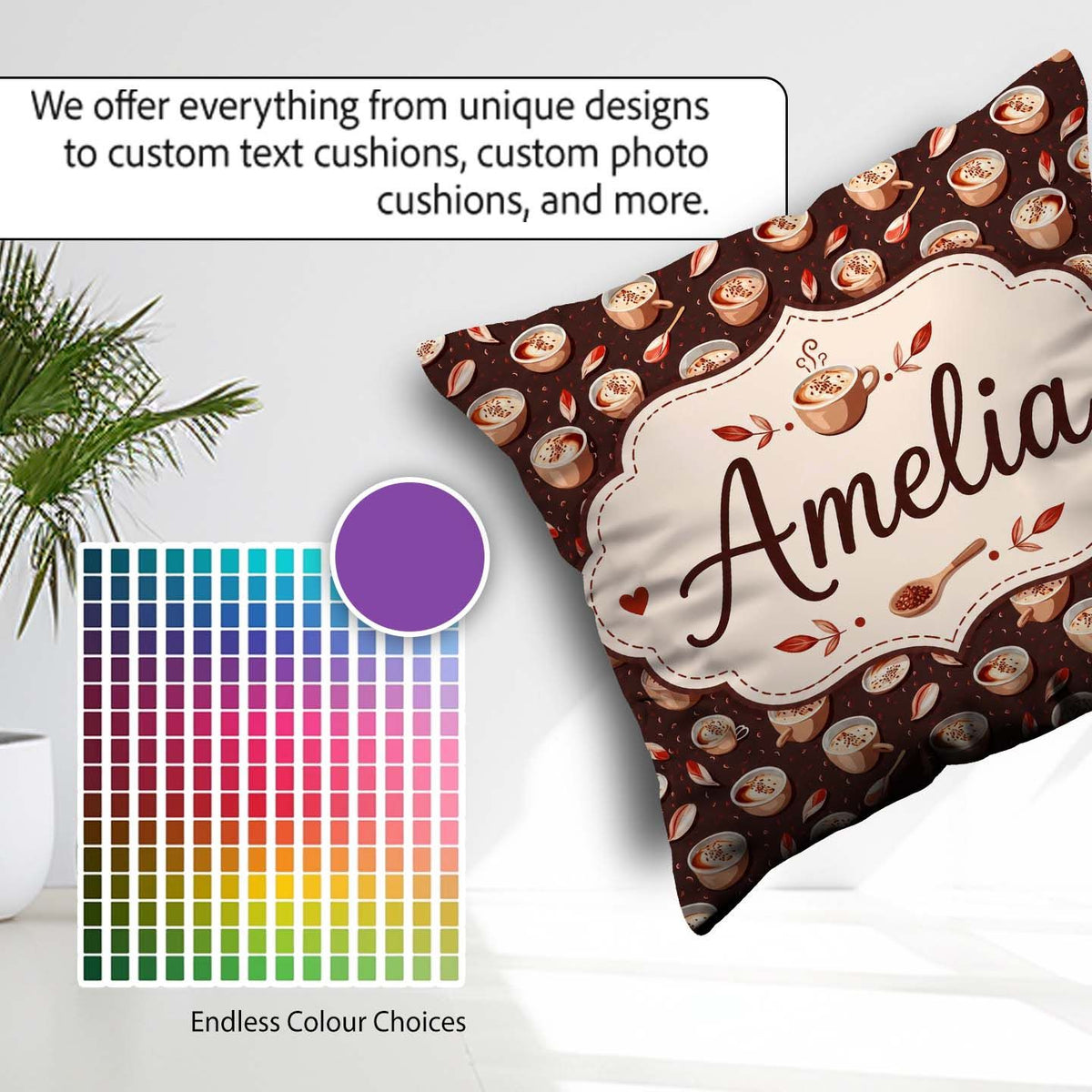 Custom Name Warm Cups with Cinnamon and Leaves Seamless Pattern Square Filled Cushion Throw Pillow Sofa Bed Home Decor Zip Washable UK Made