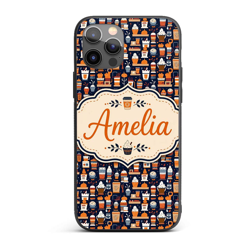Coffee Shop Equipment Cups and Drinks Icon Style Custom Name Protective Phone Case Mobile Cover Durable Everyday Smartphone Shock Resistant