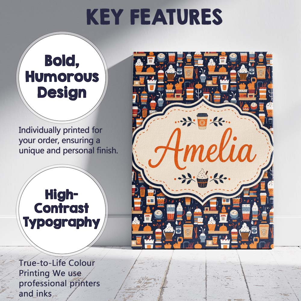 Personalised Name Coffee Shop Equipment Custom Modern Room Accent Elegant Feature Canvas Wall Art Print Decor Picture Ready to Hang