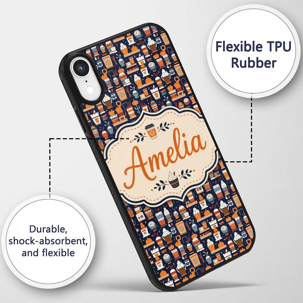 Coffee Shop Equipment Cups and Drinks Icon Style Custom Name Protective Phone Case Mobile Cover Durable Everyday Smartphone Shock Resistant