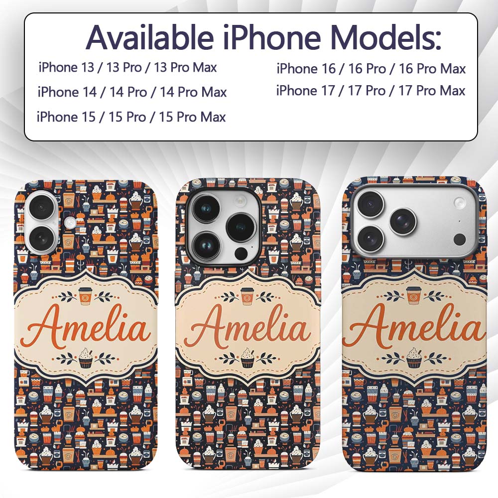 Coffee Shop Equipment Cups and Drinks Icon Style Custom Name Protective Phone Case Mobile Cover Durable Everyday Smartphone Shock Resistant