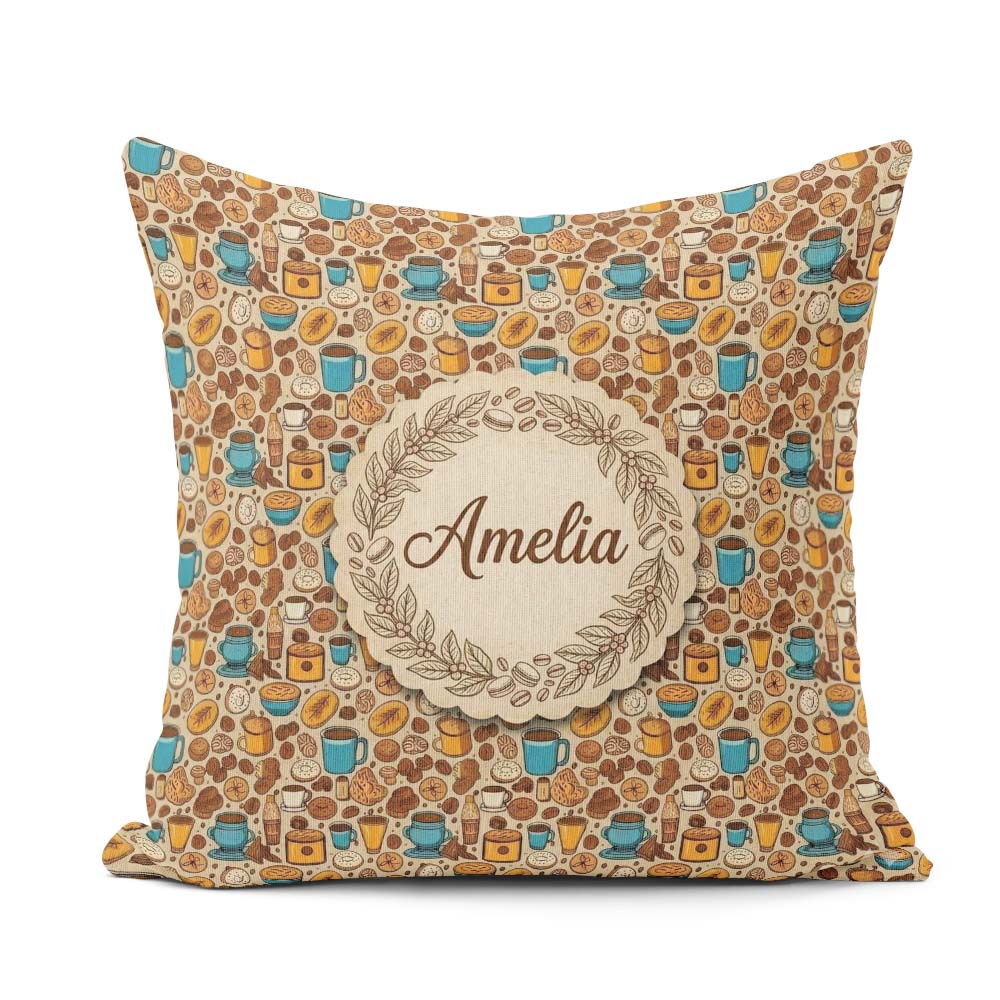 Custom Name Bakery Coffee and Pastries Cozy Food Seamless Lovely Square Filled Cushion Throw Pillow Sofa Bed Home Decor Zip Washable UK Made