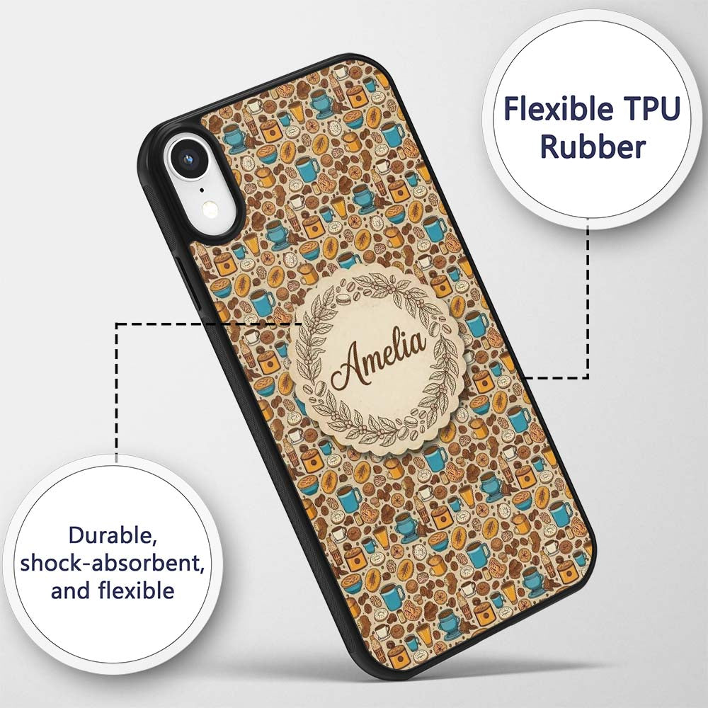 Bakery Coffee and Pastries Cozy Food Seamless Custom Name Protective Phone Case Mobile Cover Durable Everyday Smartphone Shock Resistant