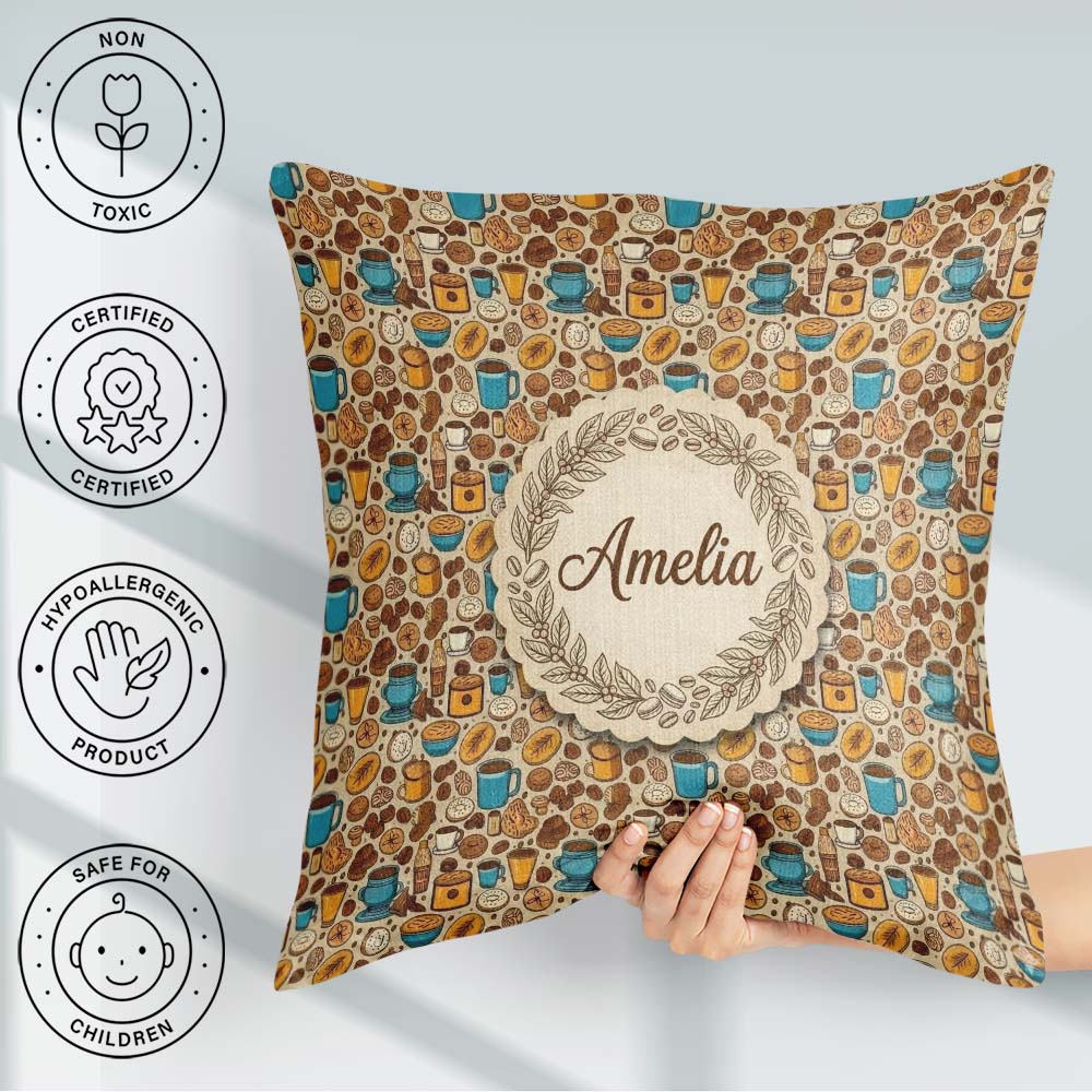 Custom Name Bakery Coffee and Pastries Cozy Food Seamless Lovely Square Filled Cushion Throw Pillow Sofa Bed Home Decor Zip Washable UK Made